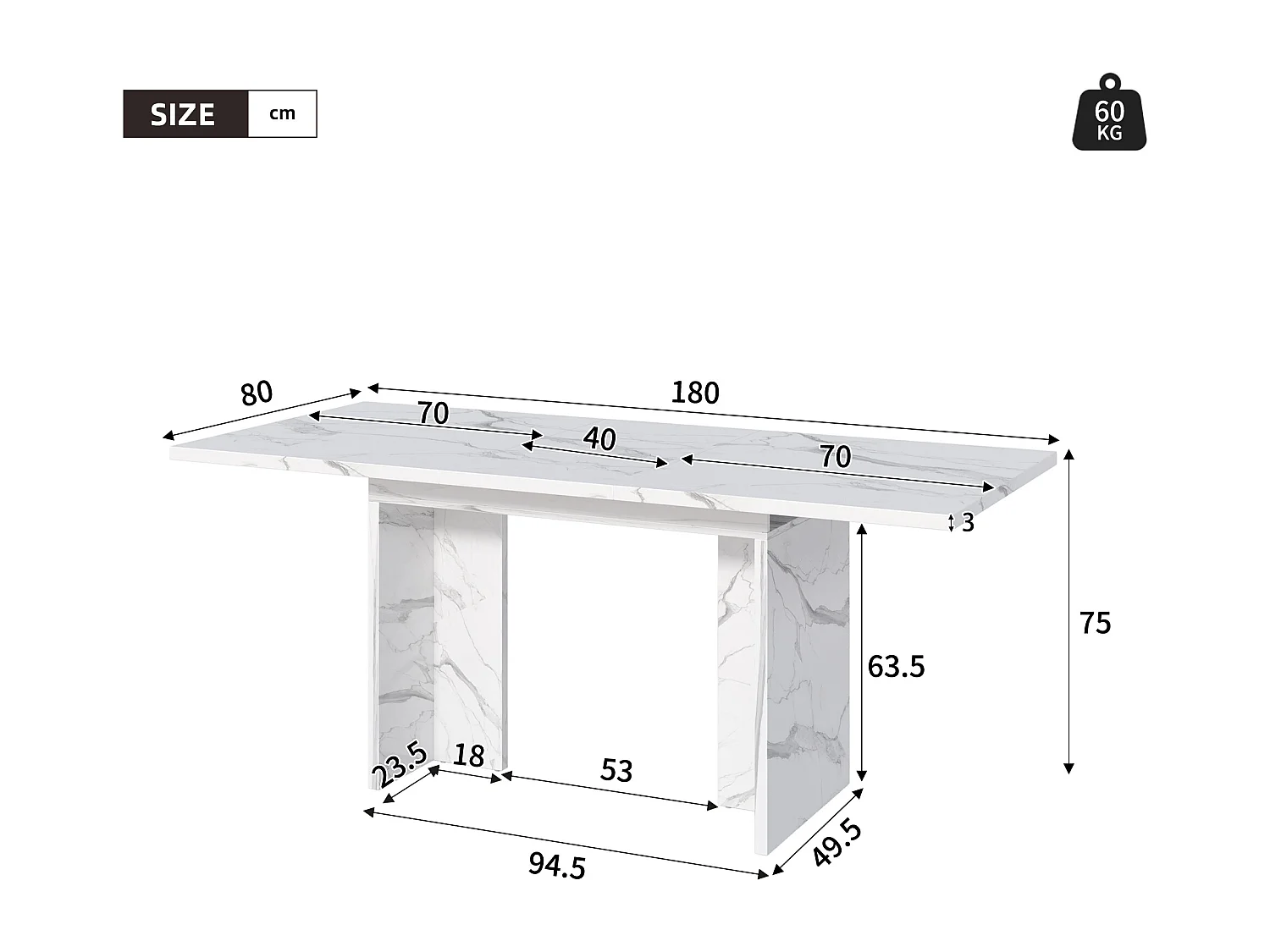 Table à manger extensible 140/180 x 80 cm pour 6 à 8 personnes - Effet marbre blanc