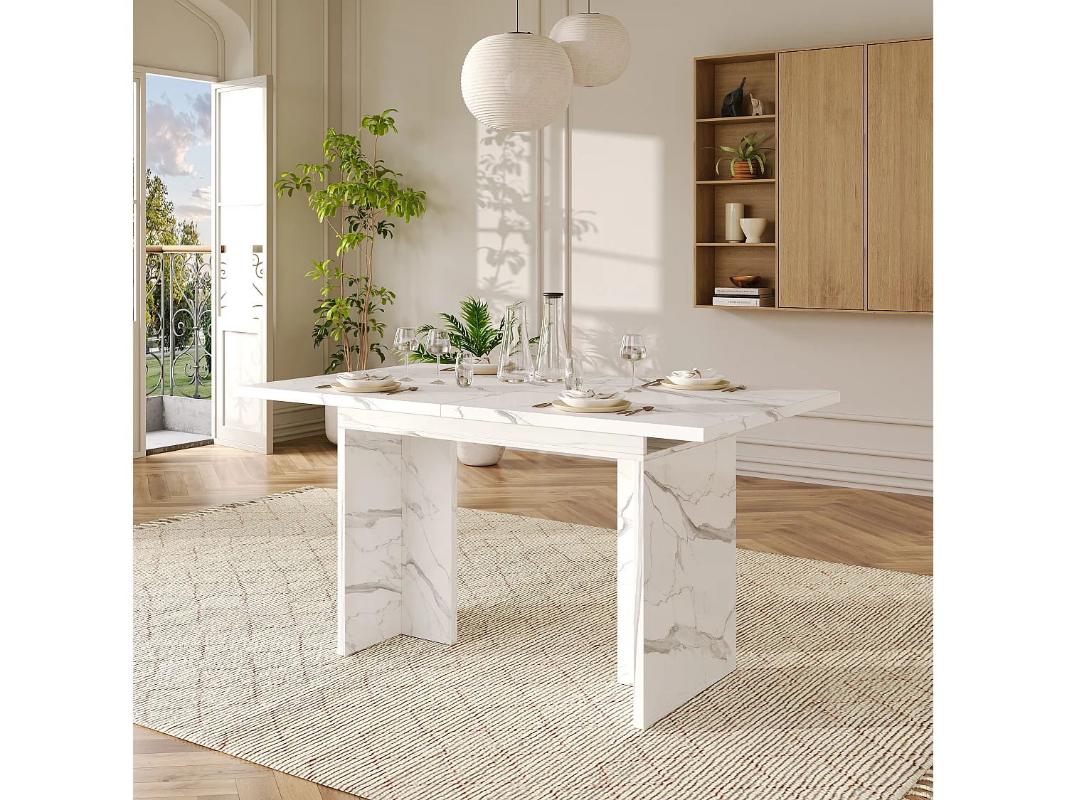 Table à manger extensible 140/180 x 80 cm pour 6 à 8 personnes - Effet marbre blanc