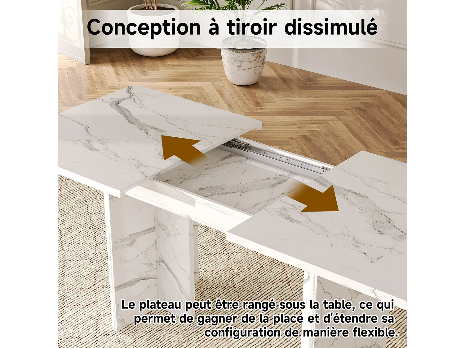 Table à manger extensible 140/180 x 80 cm pour 6 à 8 personnes - Effet marbre blanc