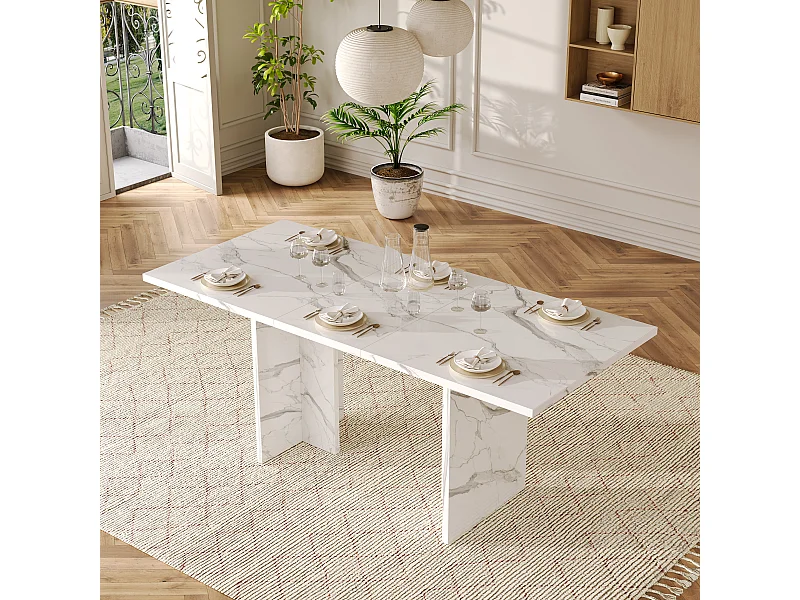 Table à manger extensible 140/180 x 80 cm pour 6 à 8 personnes - Effet marbre blanc