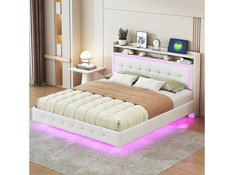 Tweepersoonsbed voor volwassenen 160x200cm met USB-aansluiting en ledverlichting - Beige linnen stof