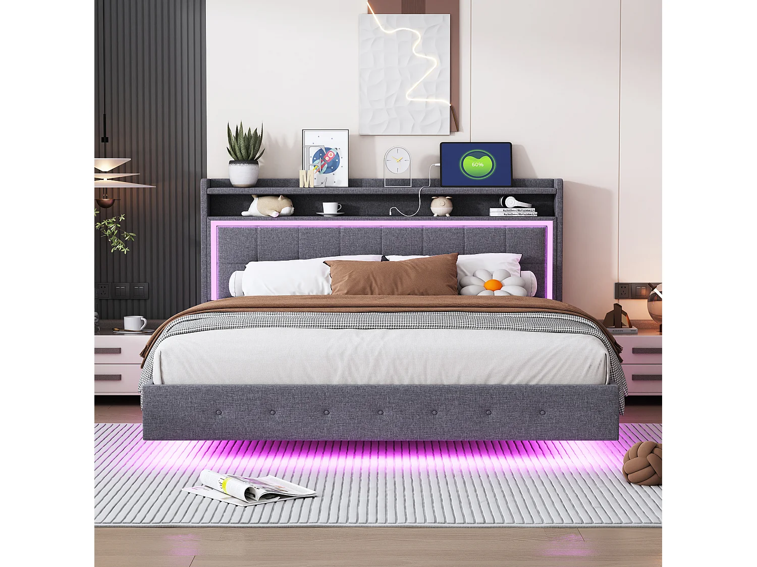 Cama doble adulto 160x200cm con USB y LED - Tejido de lino - Gris