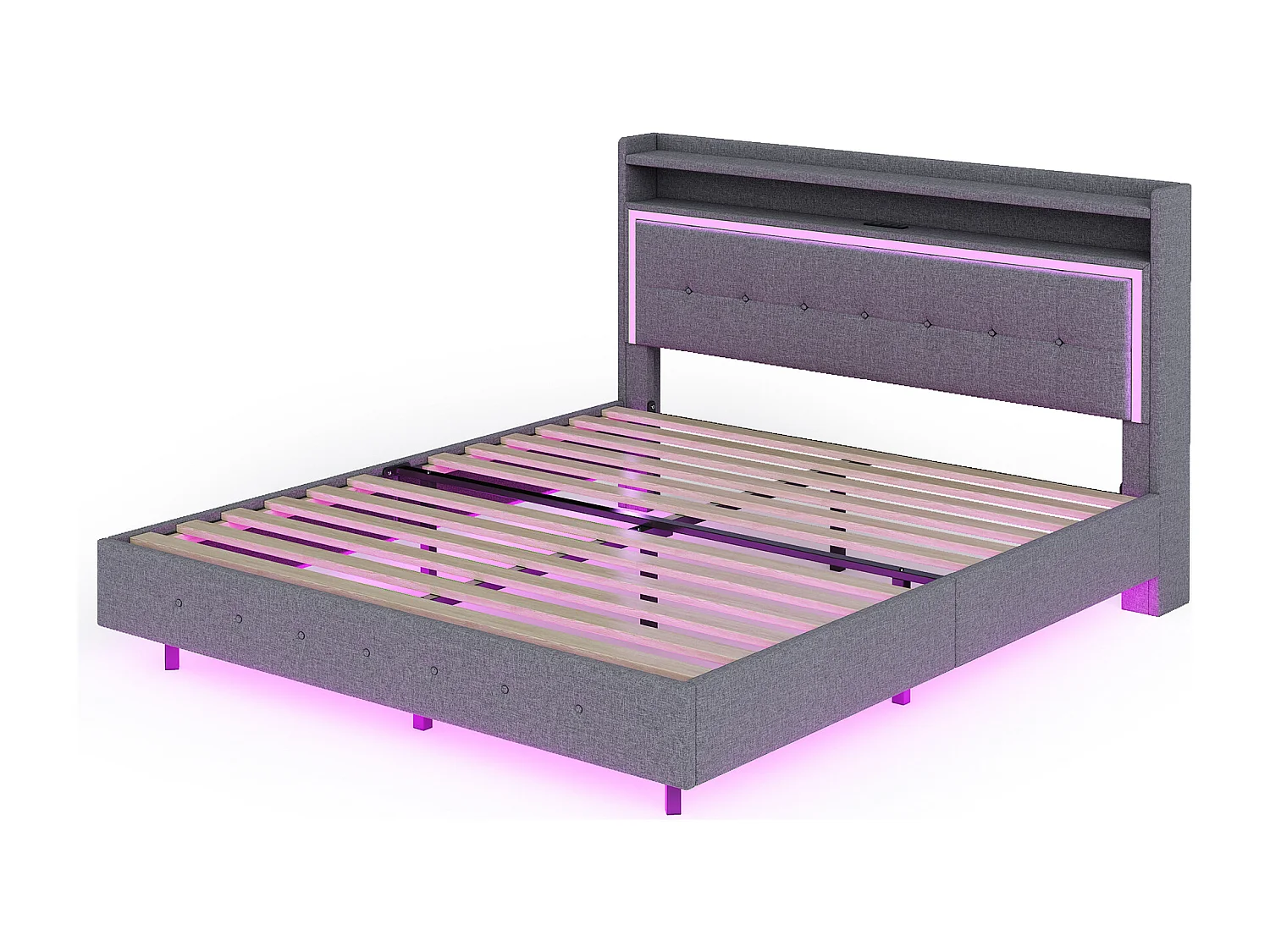 Cama doble adulto 160x200cm con USB y LED - Tejido de lino - Gris