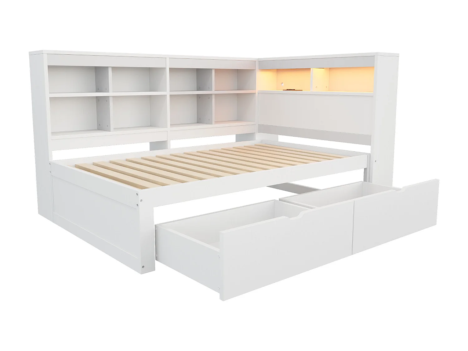 Lit banquette 90x200cm avec prise ,LED et rangement - Lit enfant en bois MDF - Blanc
