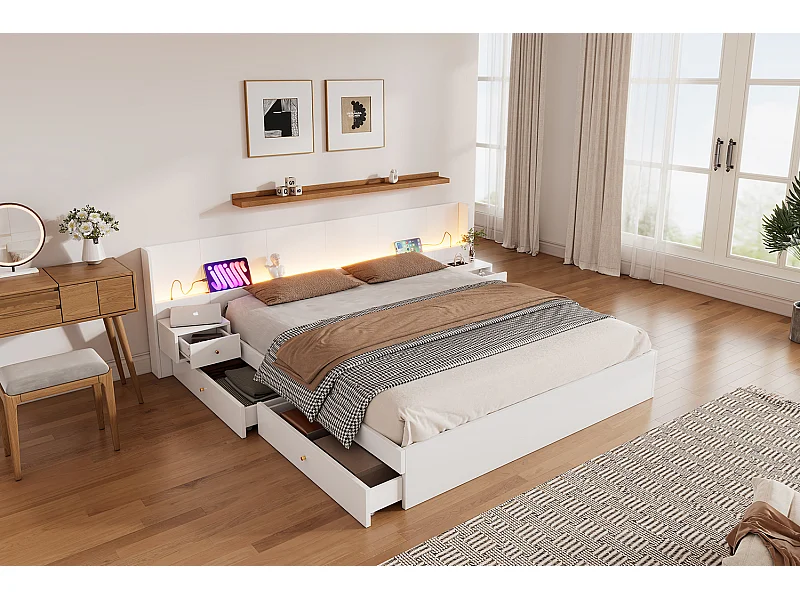 Lit double 180 x 200 cm en bois MDF - Lit adulte avec LED, prise et 2 tables de chevet - Blanc