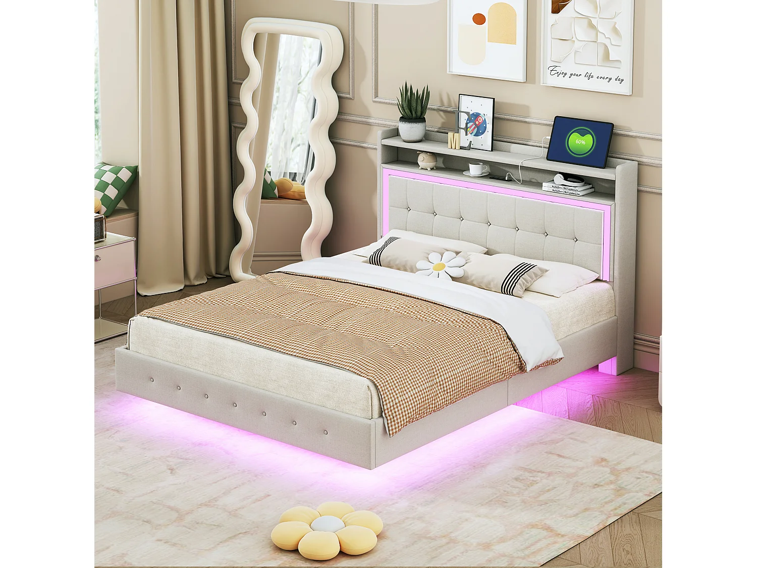 Cama adulto 140x200cm con USB y LED - Tejido de lino beige