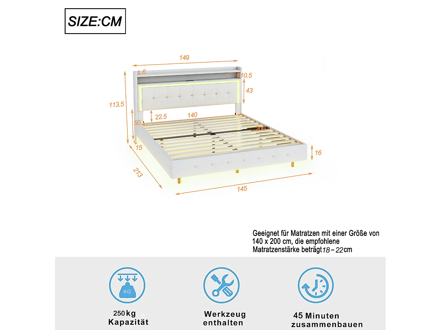 Cama adulto 140x200cm con USB y LED - Tejido de lino beige