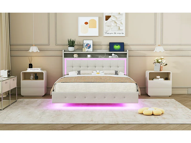Lit adulte 140x200cm avec USB et LED - Tissu en lin beige