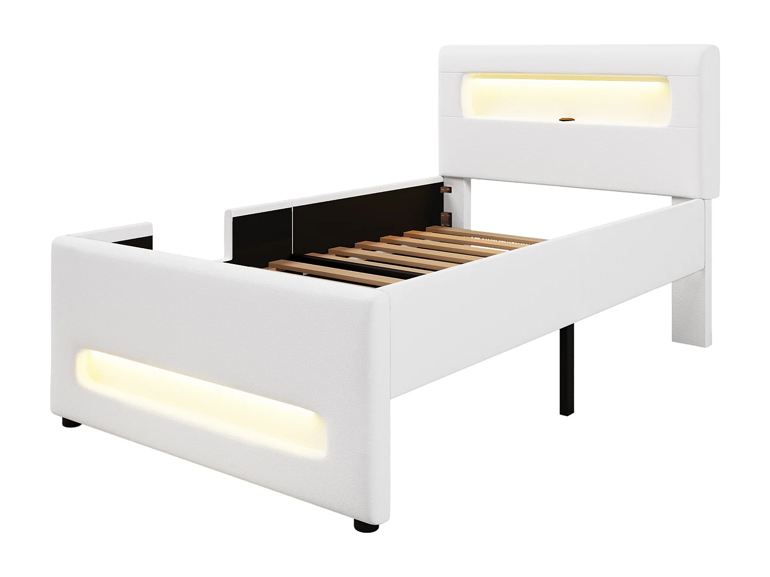 Kinderbed 90x200cm met lade, ledverlichting en usb-aansluiting - Wit kunstleer