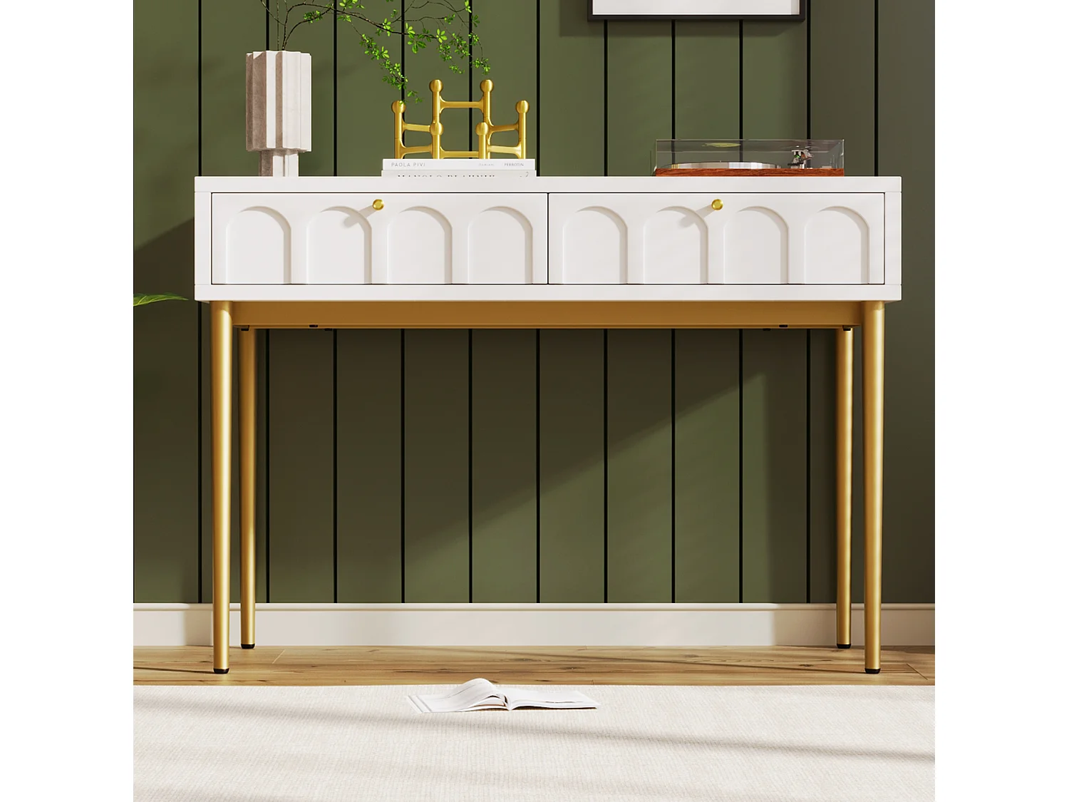 Console met 2 lades - Melkwit en goud - Hout en metaal