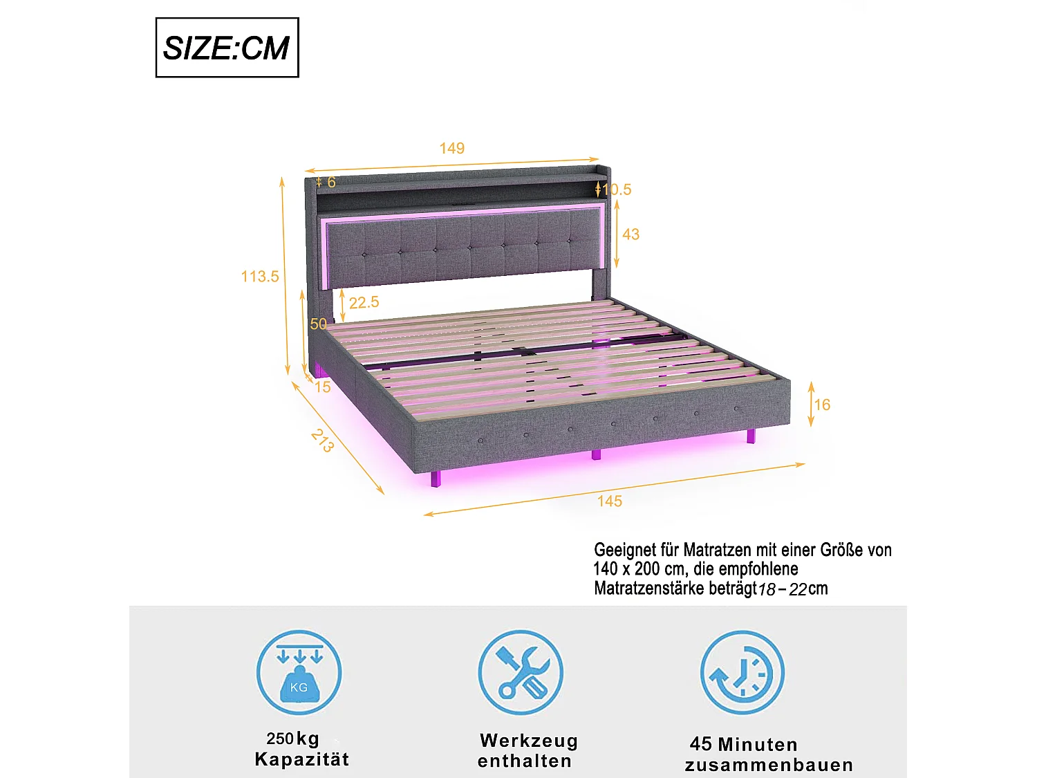 Cama para adultos 140x200cm con USB y LED - Tejido de lino - Gris