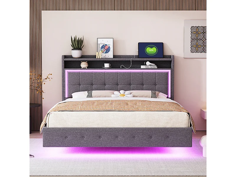 Cama para adultos 140x200cm con USB y LED - Tejido de lino - Gris
