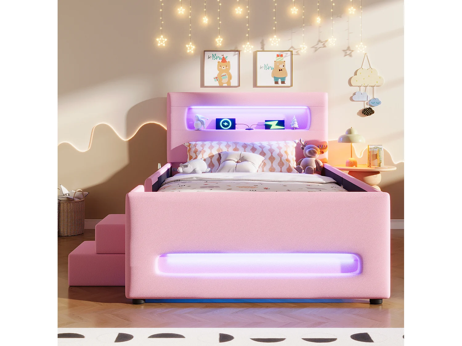 Kinderbett 90x200cm mit Schublade, LED-Beleuchtung und USB-Anschluss – Rosa PU-Leder