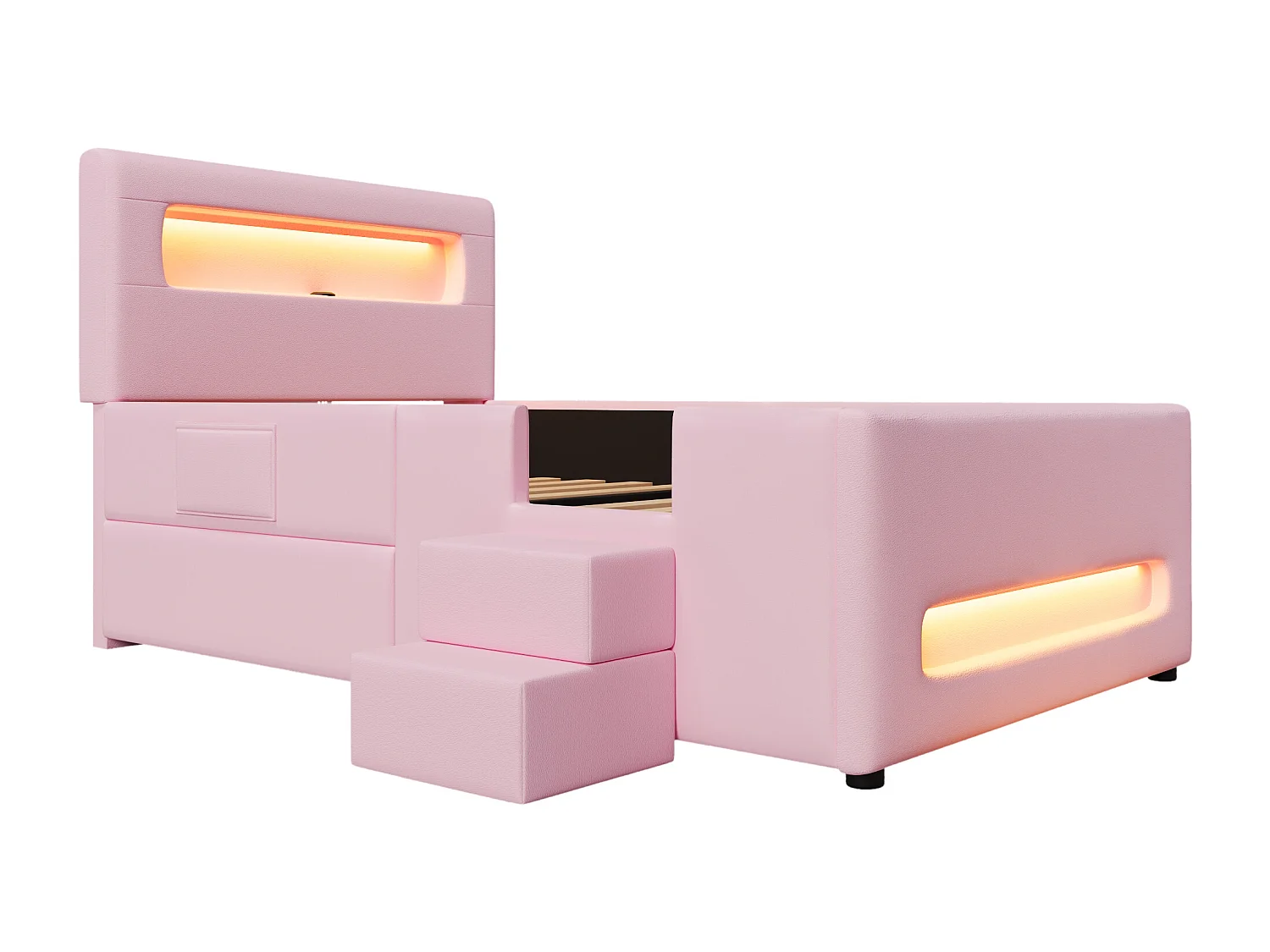 Kinderbett 90x200cm mit Schublade, LED-Beleuchtung und USB-Anschluss – Rosa PU-Leder