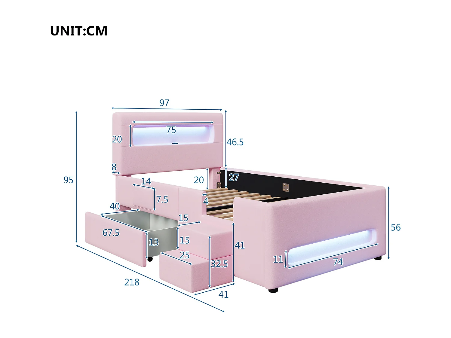 Kinderbett 90x200cm mit Schublade, LED-Beleuchtung und USB-Anschluss – Rosa PU-Leder