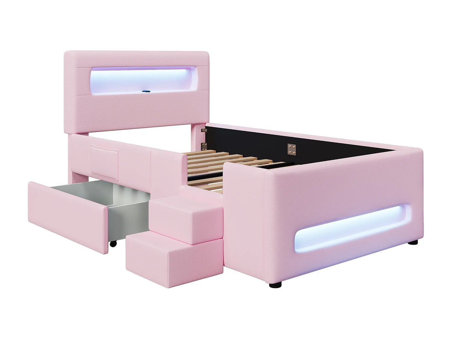 Kinderbett 90x200cm mit Schublade, LED-Beleuchtung und USB-Anschluss – Rosa PU-Leder