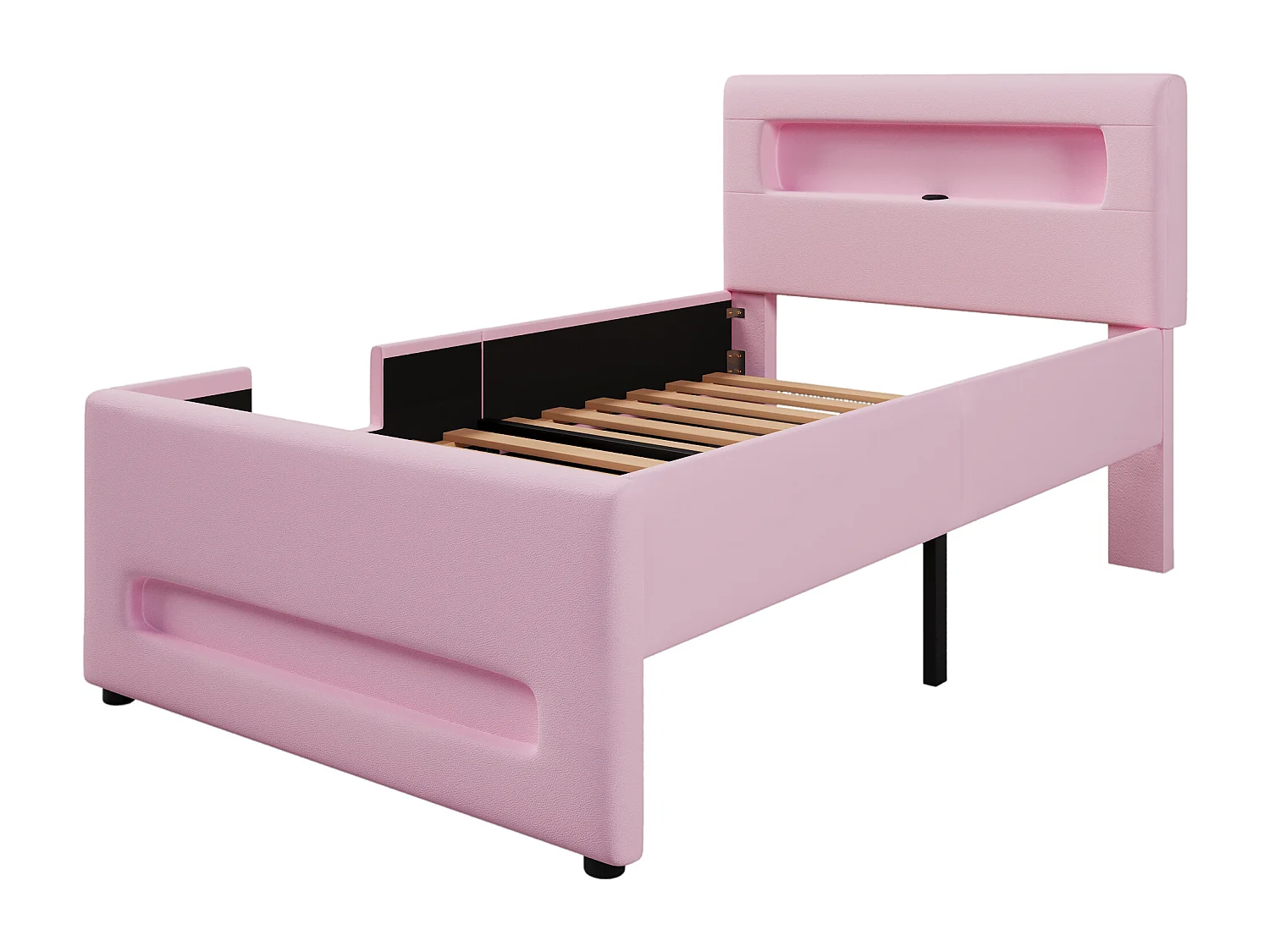 Kinderbett 90x200cm mit Schublade, LED-Beleuchtung und USB-Anschluss – Rosa PU-Leder