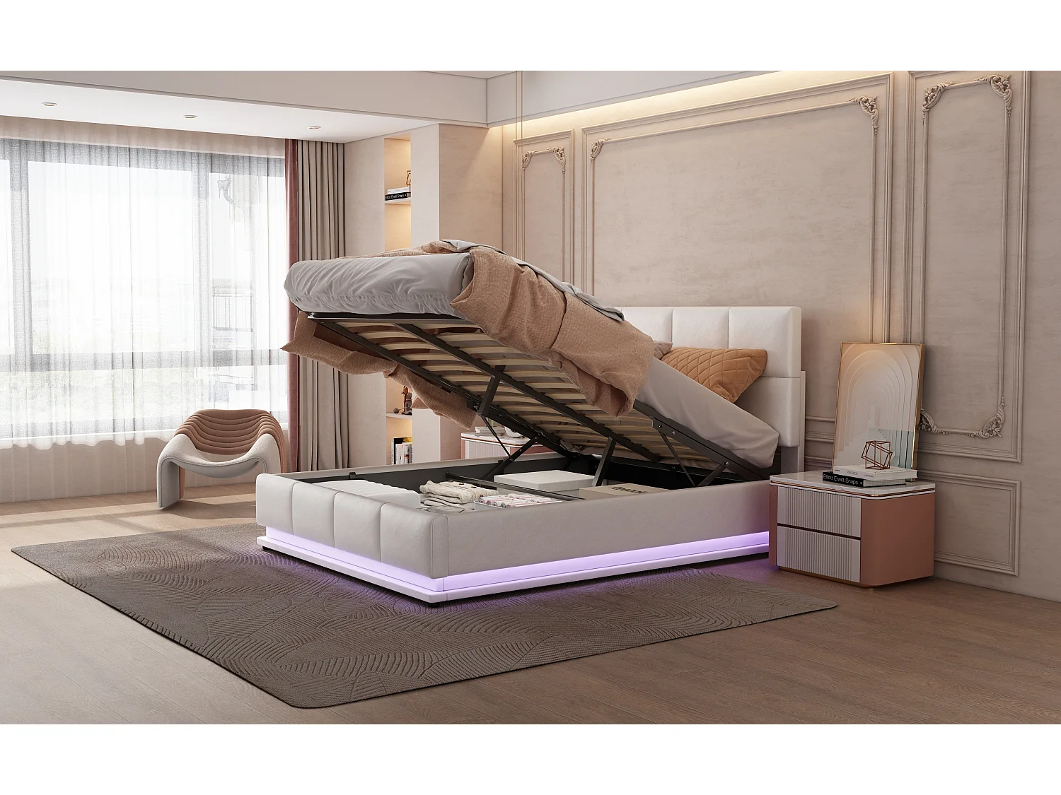 Lit coffre adulte 140x200cm avec LED - Lit rembourré en simili cuir PU - Blanc