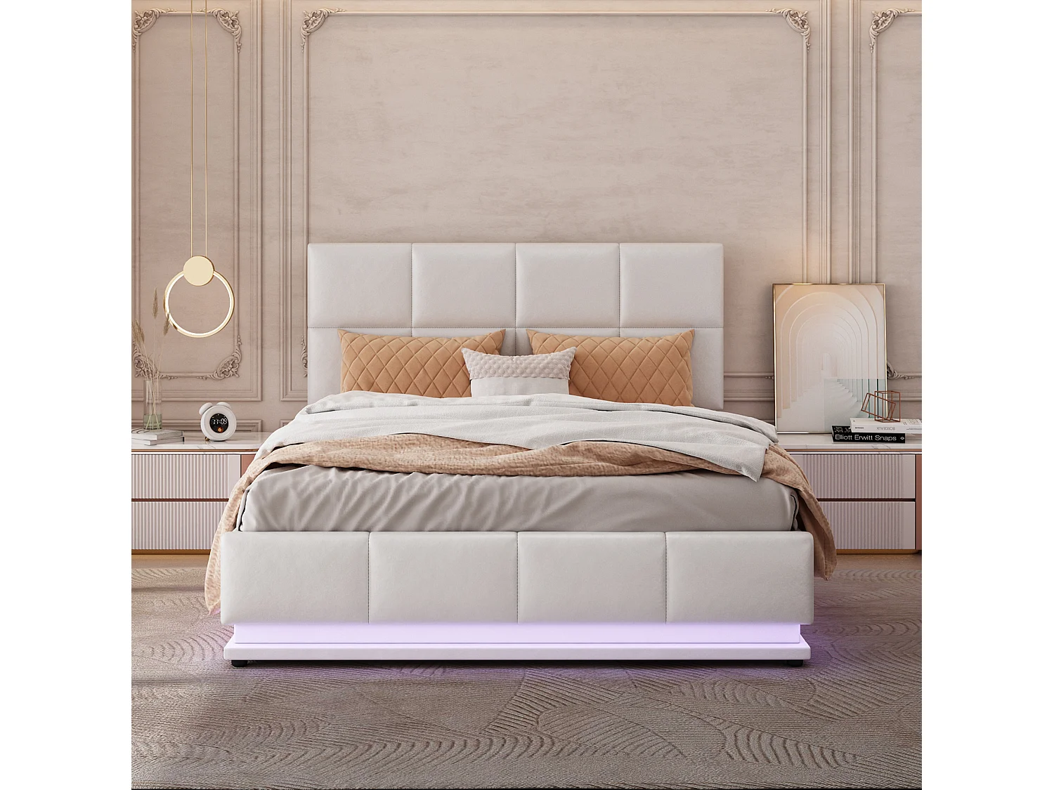 Lit coffre adulte 140x200cm avec LED - Lit rembourré en simili cuir PU - Blanc