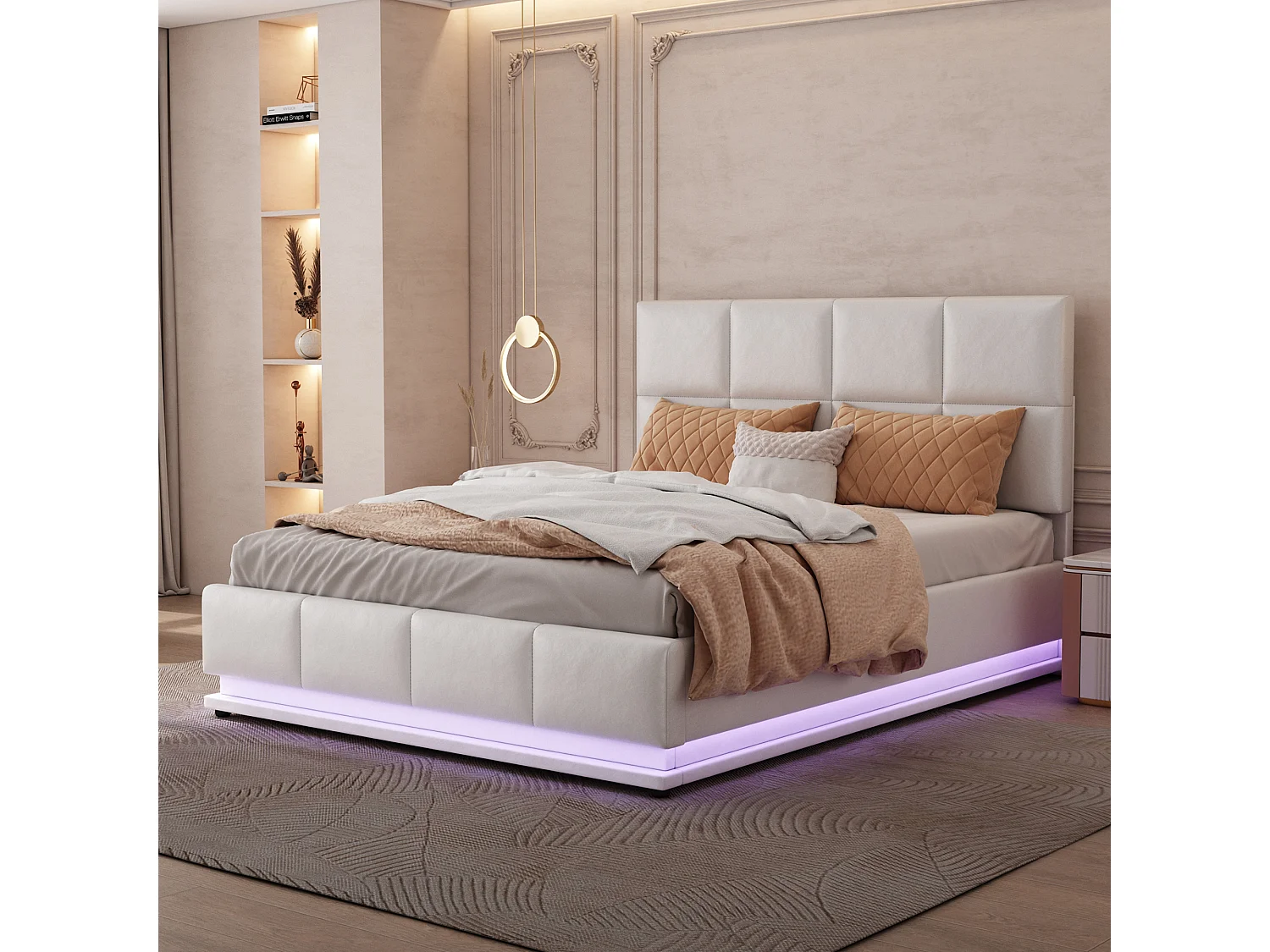Lit coffre adulte 140x200cm avec LED - Lit rembourré en simili cuir PU - Blanc