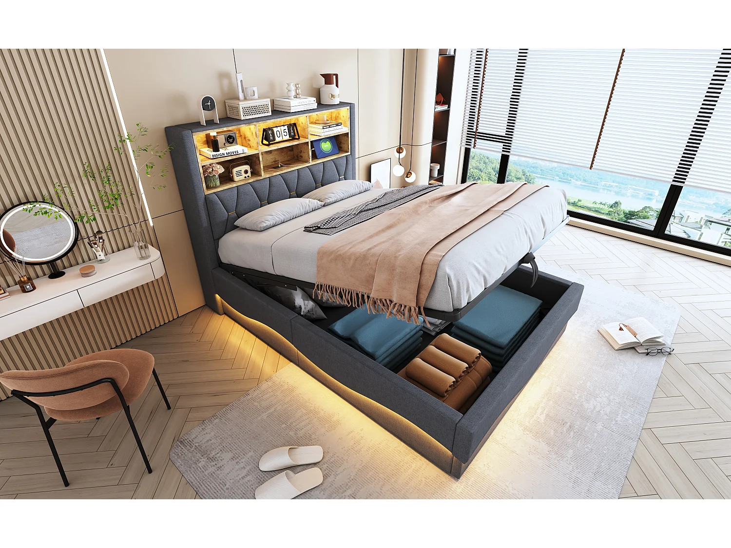 Cama de adulto con almacenaje de 140 x 200 cm, LED y USB - Estructura de láminas metálicas - Lino gris