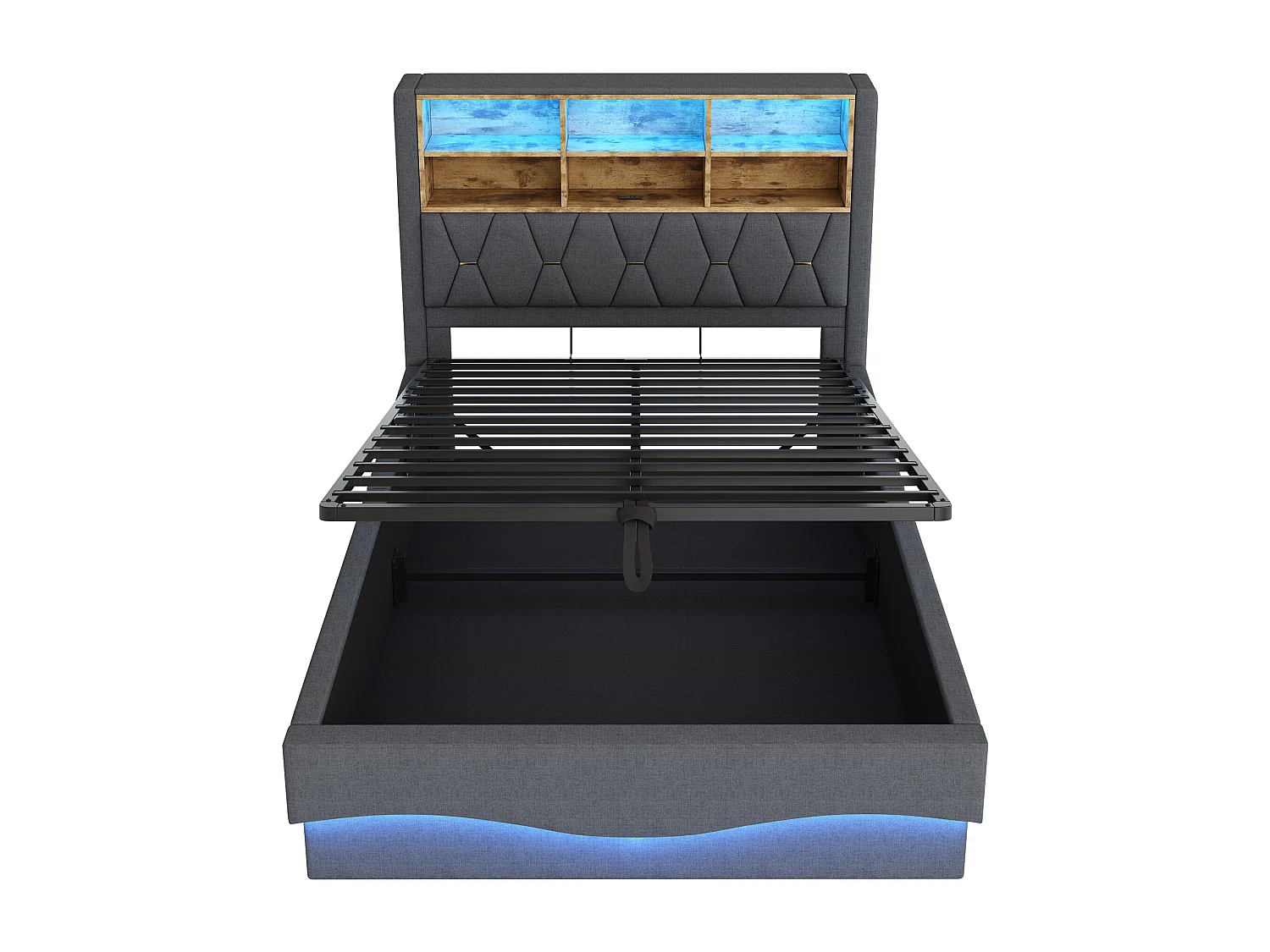 Cama de adulto con almacenaje de 140 x 200 cm, LED y USB - Estructura de láminas metálicas - Lino gris