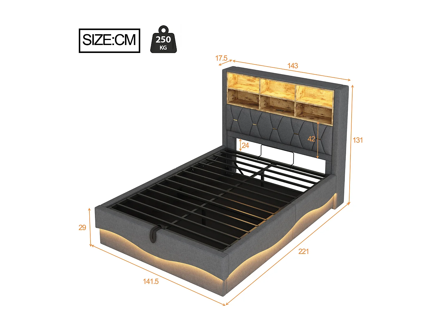 Cama de adulto con almacenaje de 140 x 200 cm, LED y USB - Estructura de láminas metálicas - Lino gris