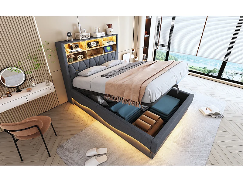 Cama de adulto con almacenaje de 140 x 200 cm, LED y USB - Estructura de láminas metálicas - Lino gris