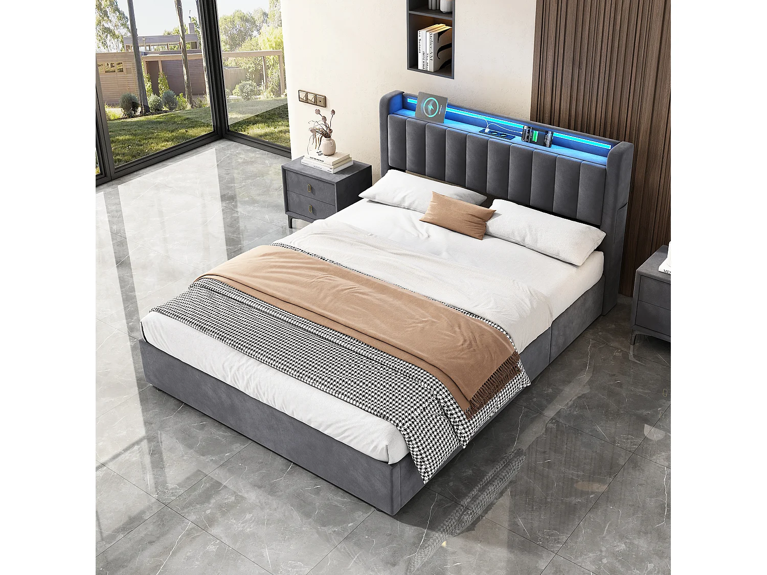 Lit coffre adulte 140 x 200cm avec prise et LED - Lit double avec tête de lit de rangement - Velours hollandais gris