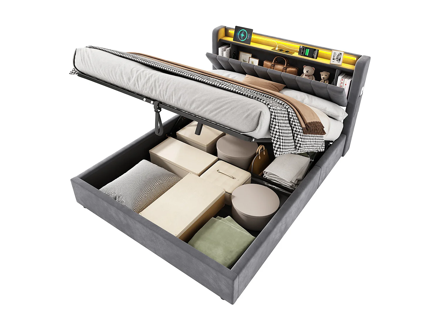 Lit coffre adulte 140 x 200cm avec prise et LED - Lit double avec tête de lit de rangement - Velours hollandais gris