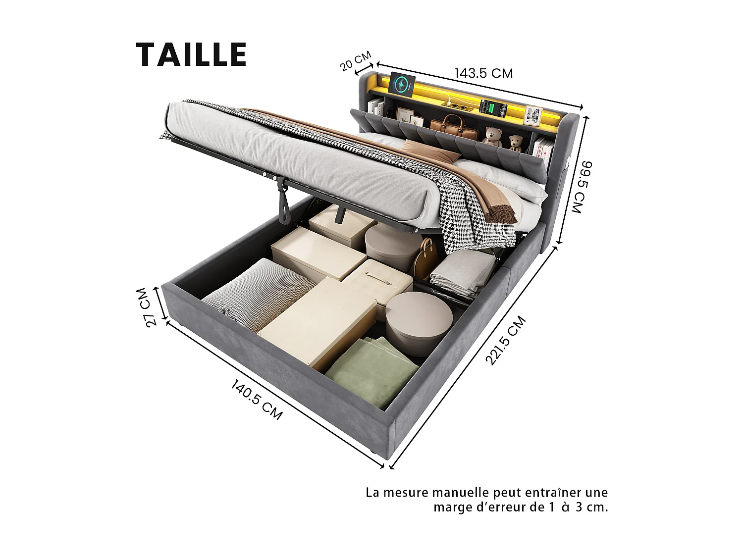 Lit coffre adulte 140 x 200cm avec prise et LED - Lit double avec tête de lit de rangement - Velours hollandais gris