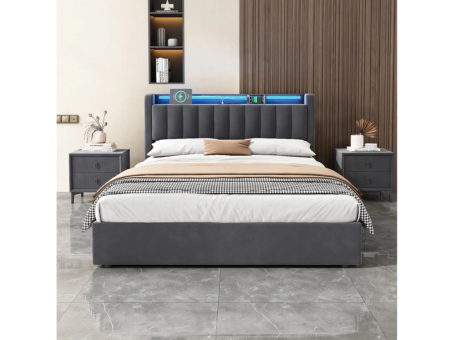 Lit coffre adulte 140 x 200cm avec prise et LED - Lit double avec tête de lit de rangement - Velours hollandais gris