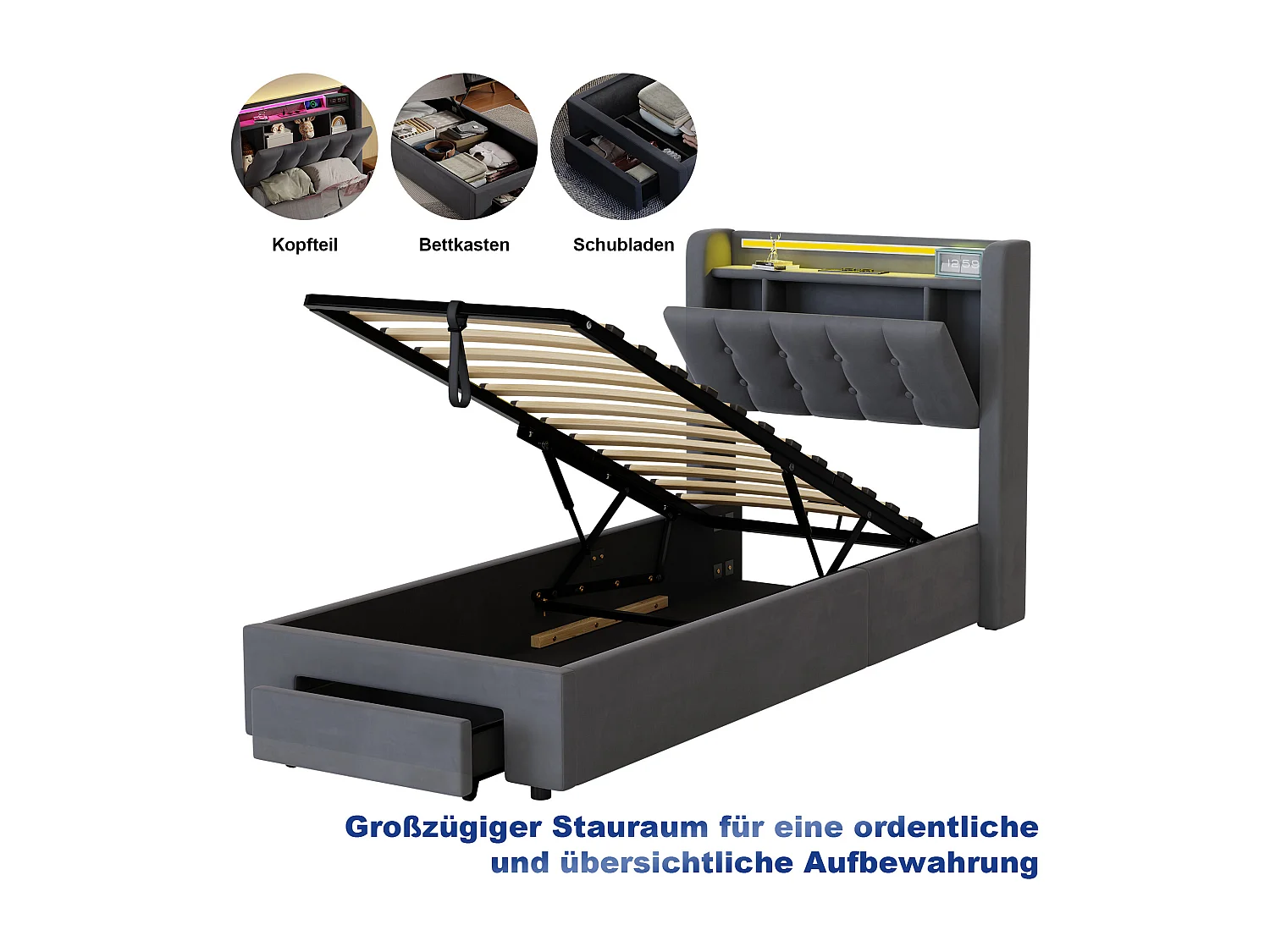 Lit coffre adulte 140 x 200cm avec prise et LED - Lit double avec tête de lit de rangement - Velours hollandais gris