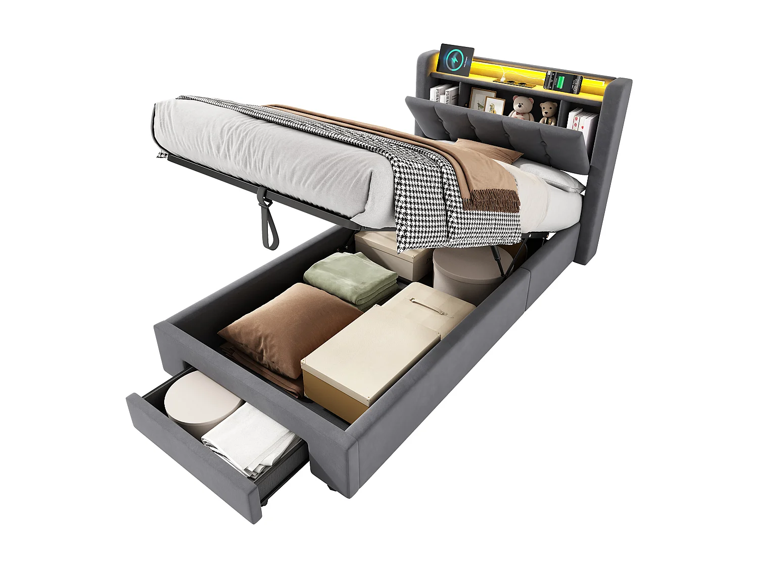 Lit coffre adulte 140 x 200cm avec prise et LED - Lit double avec tête de lit de rangement - Velours hollandais gris