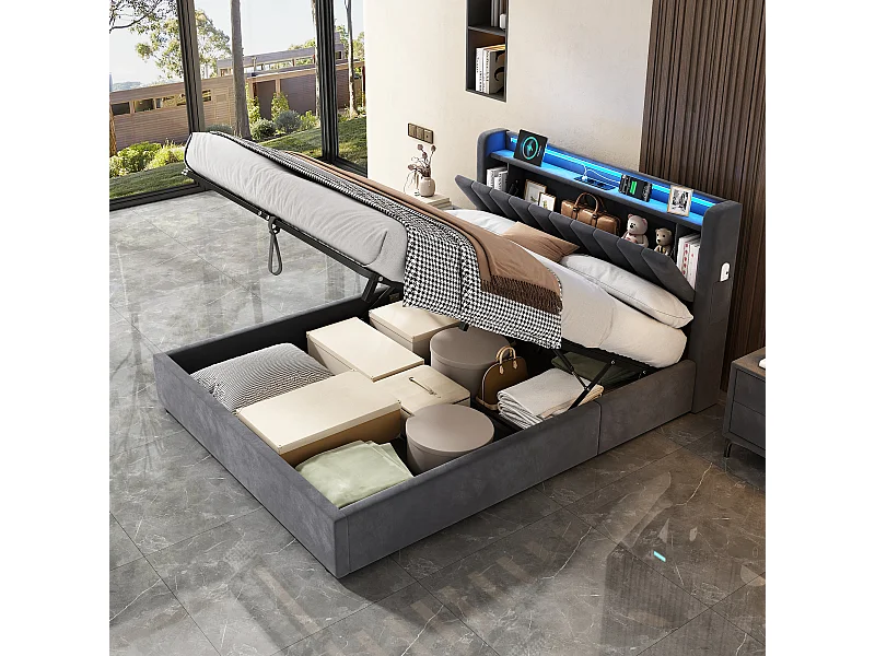 Lit coffre adulte 140 x 200cm avec prise et LED - Lit double avec tête de lit de rangement - Velours hollandais gris