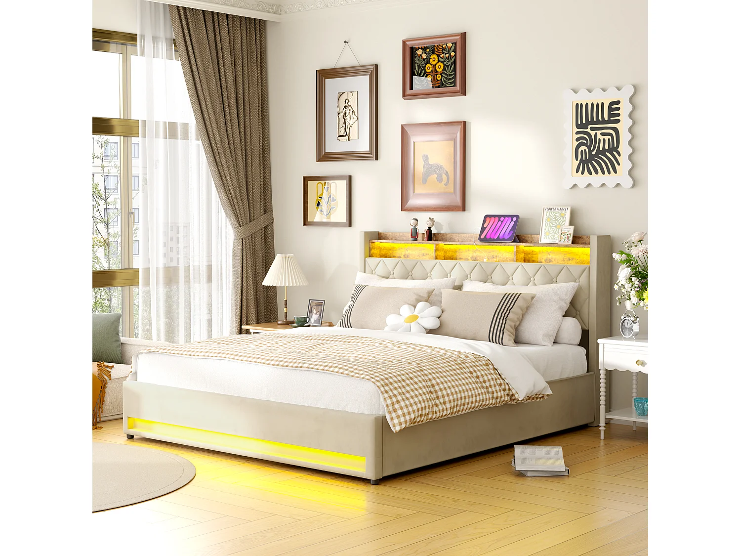 Lit coffre 180x200cm en velours hollandais - Lit double adulte avec prise et LED - Beige