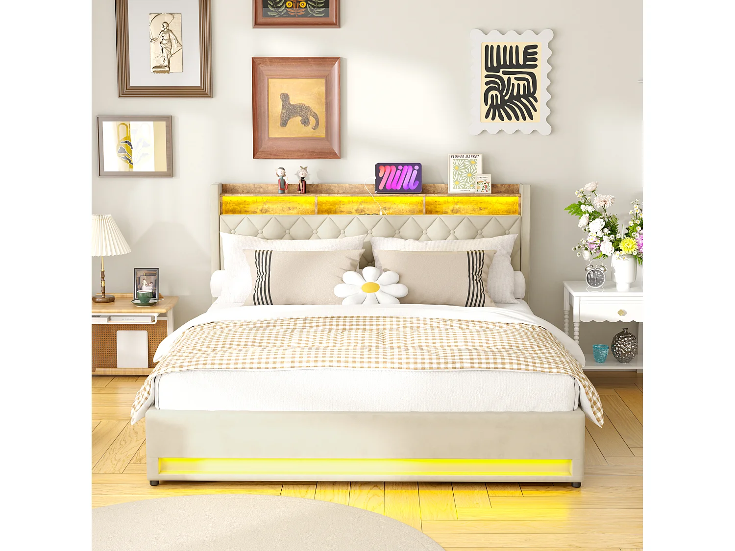 Lit coffre 180x200cm en velours hollandais - Lit double adulte avec prise et LED - Beige