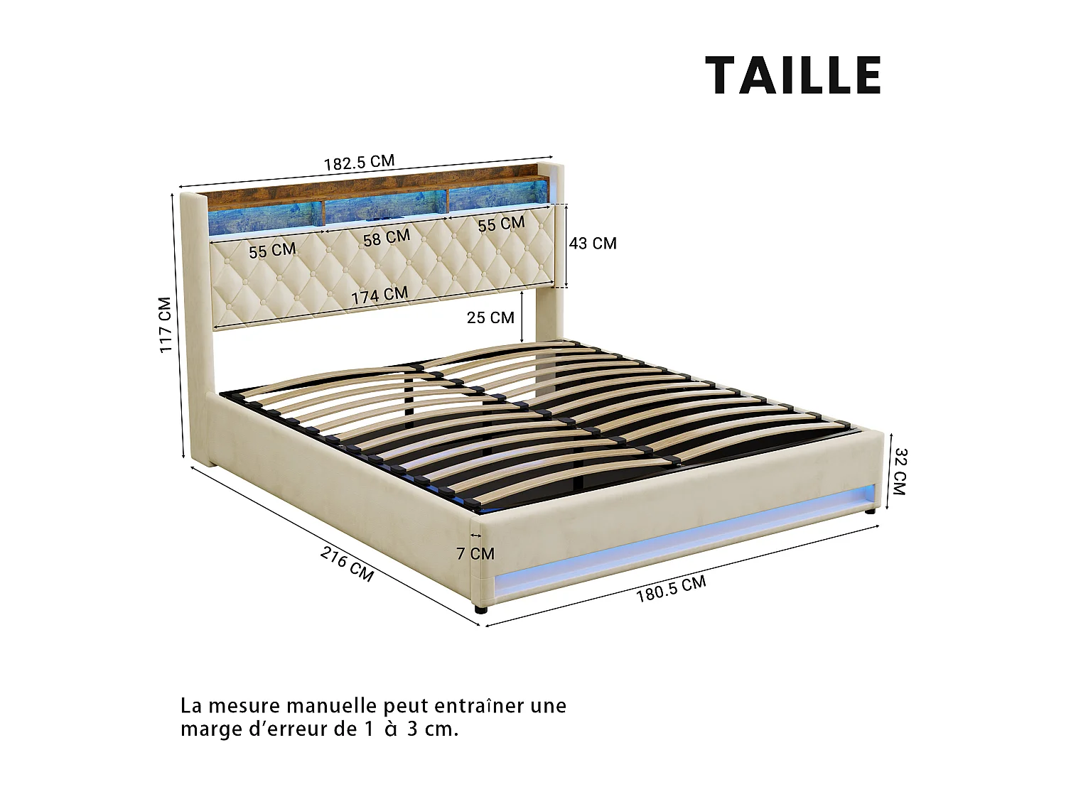 Lit coffre 180x200cm en velours hollandais - Lit double adulte avec prise et LED - Beige