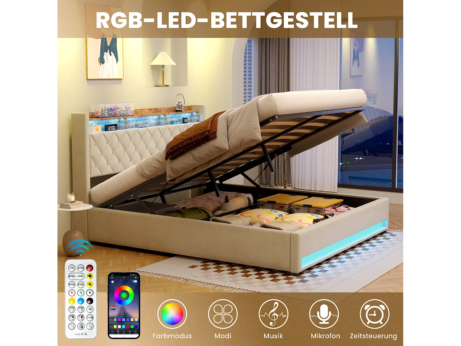 Lit coffre 180x200cm en velours hollandais - Lit double adulte avec prise et LED - Beige