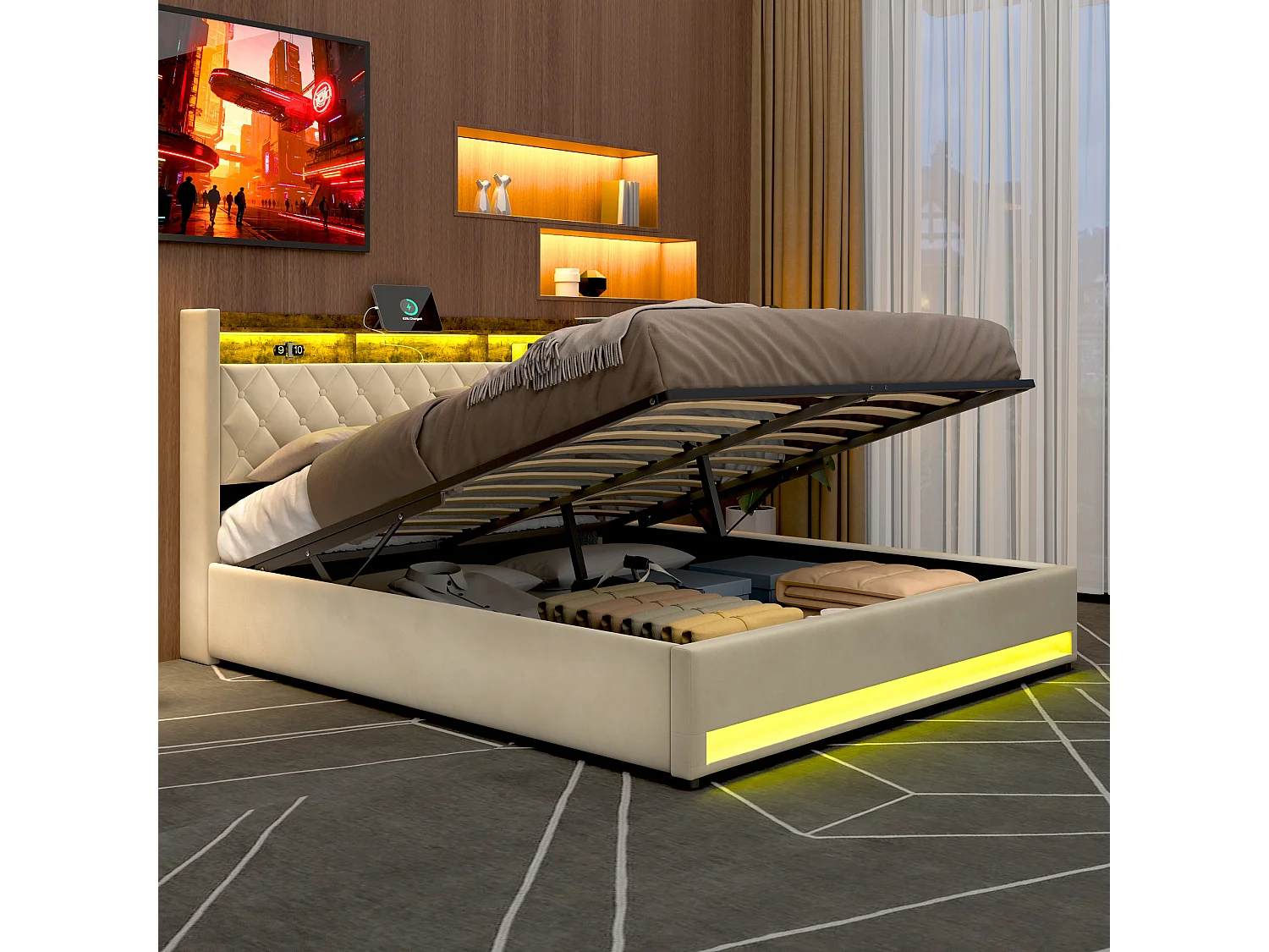 Lit coffre 180x200cm en velours hollandais - Lit double adulte avec prise et LED - Beige