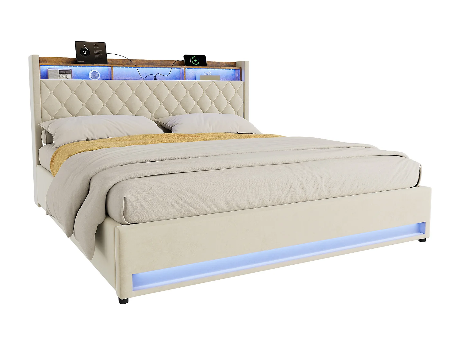 Lit coffre 180x200cm en velours hollandais - Lit double adulte avec prise et LED - Beige