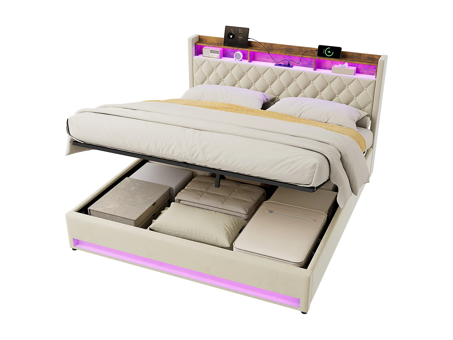 Lit coffre 180x200cm en velours hollandais - Lit double adulte avec prise et LED - Beige