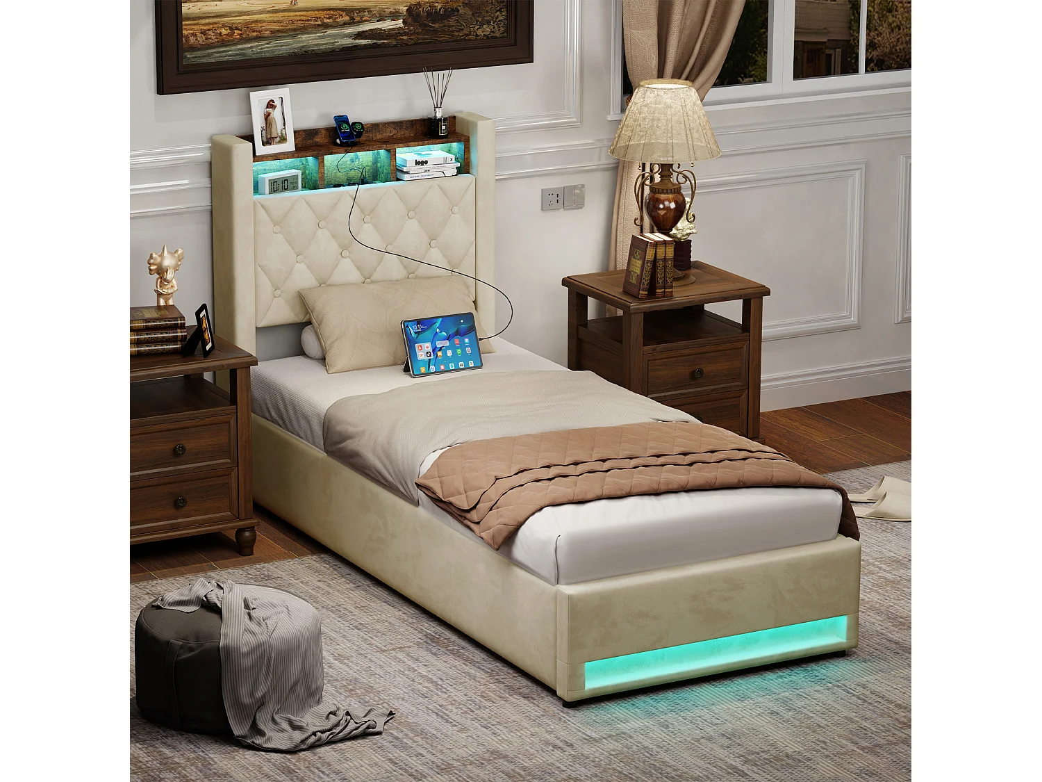 Lit coffre 90x200cm en velours hollandais - Lit simple avec prise et LED - Beige