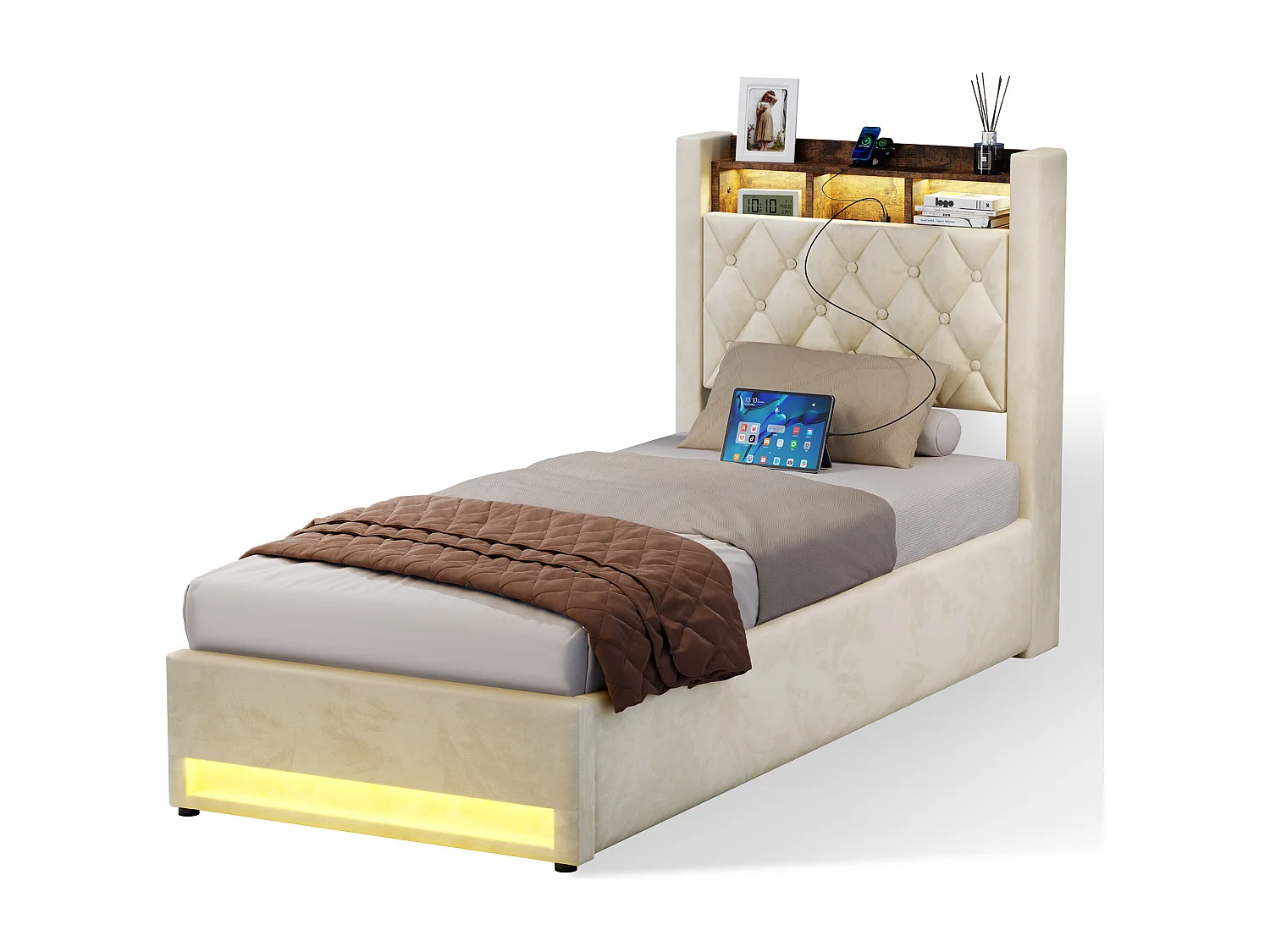 Lit coffre 90x200cm en velours hollandais - Lit simple avec prise et LED - Beige