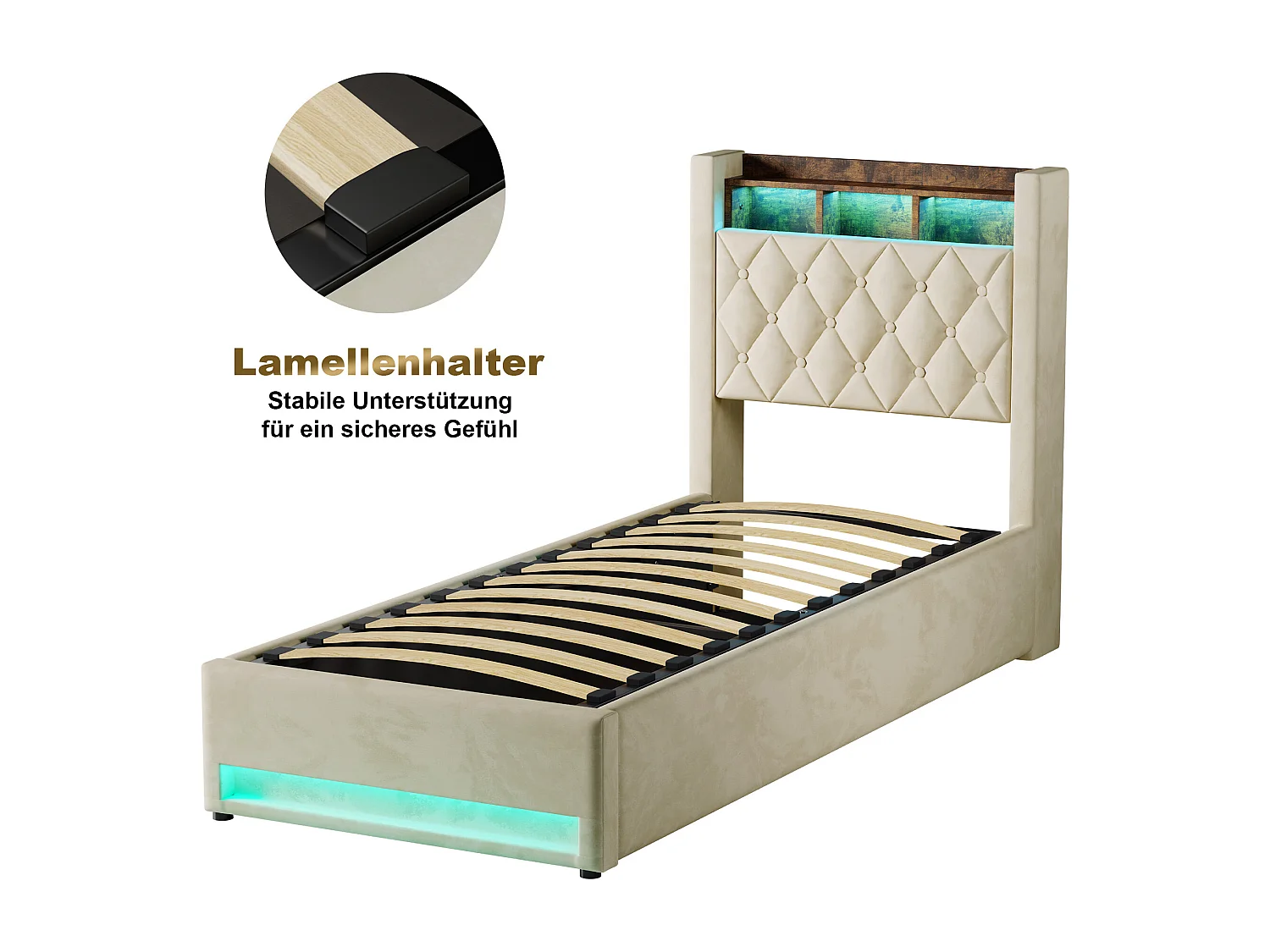 Lit coffre 90x200cm en velours hollandais - Lit simple avec prise et LED - Beige