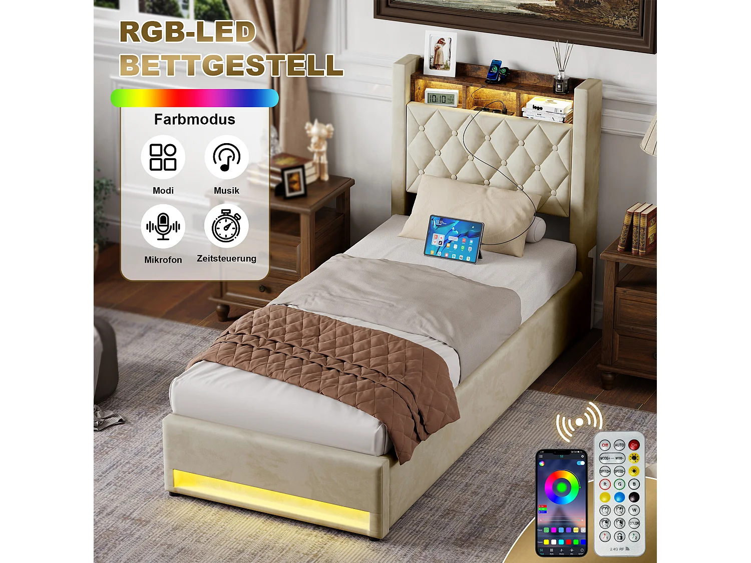 Lit coffre 90x200cm en velours hollandais - Lit simple avec prise et LED - Beige