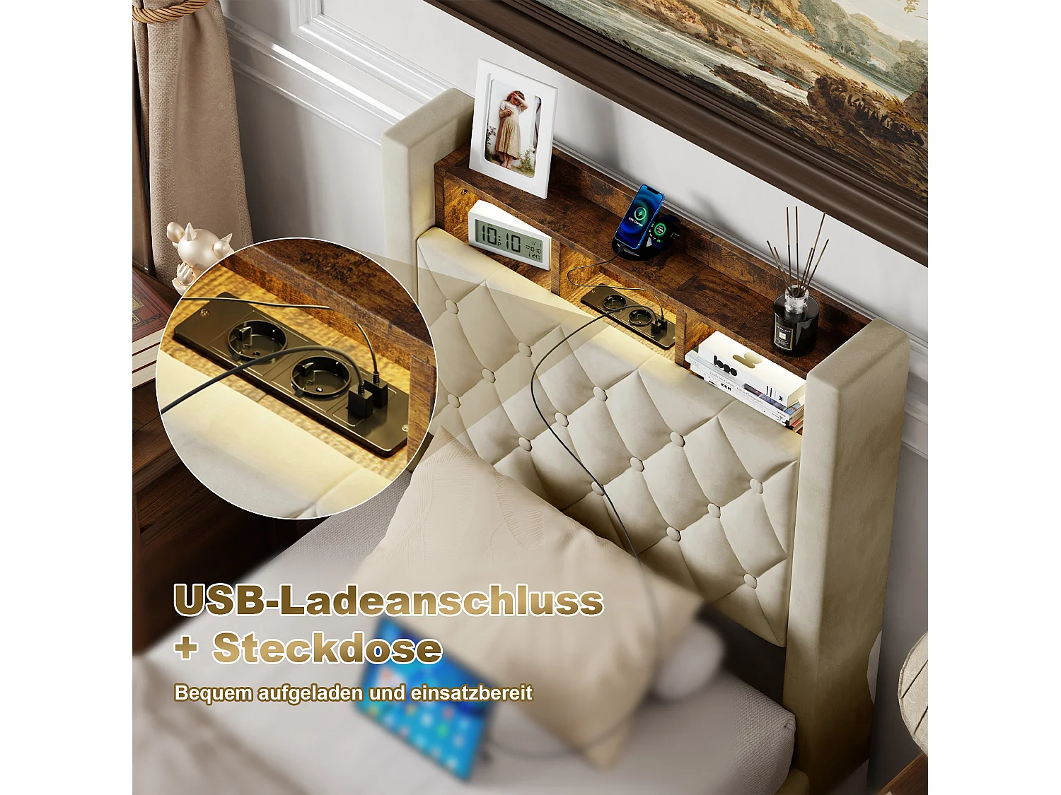 Lit coffre 90x200cm en velours hollandais - Lit simple avec prise et LED - Beige