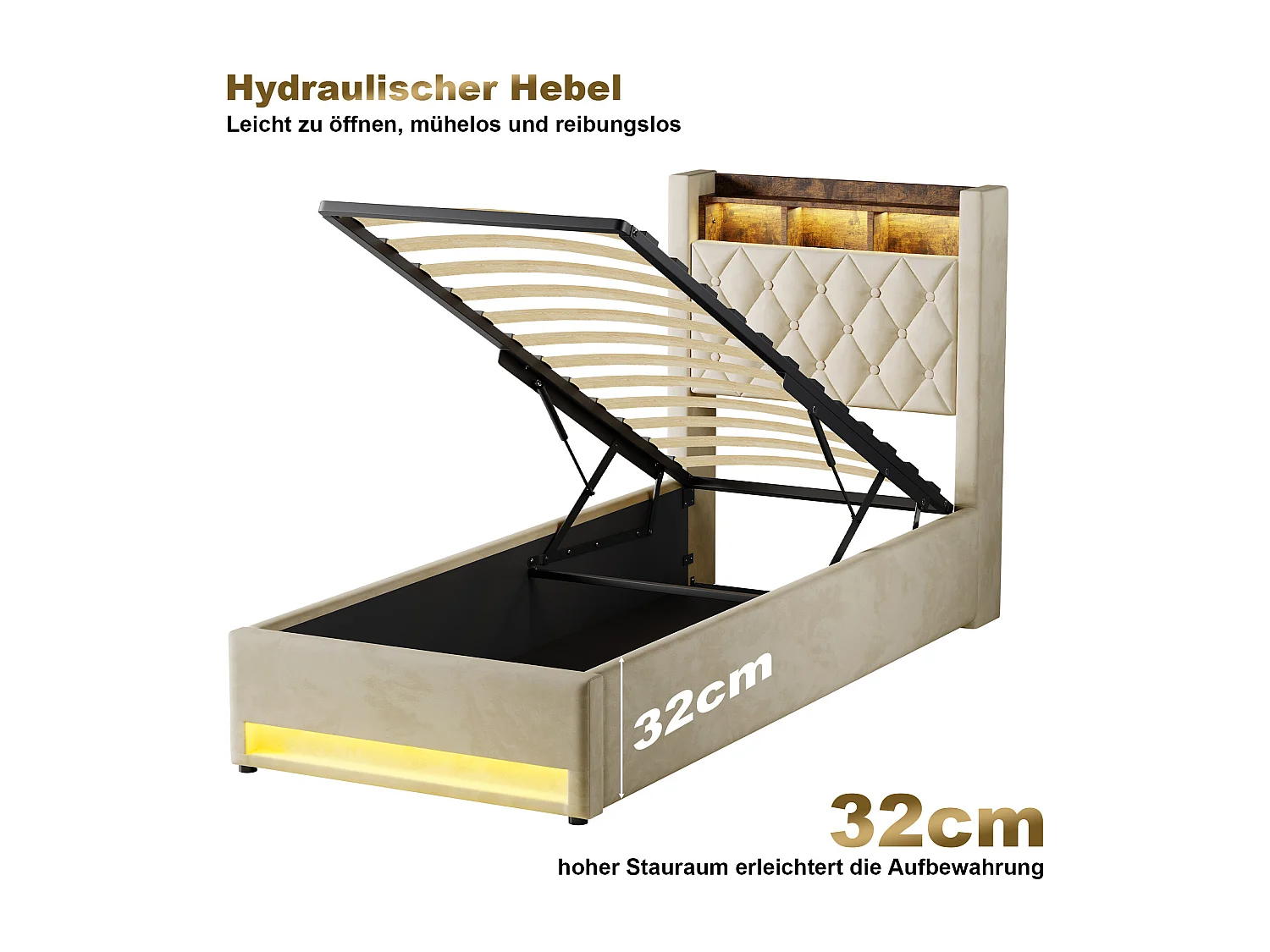 Lit coffre 90x200cm en velours hollandais - Lit simple avec prise et LED - Beige