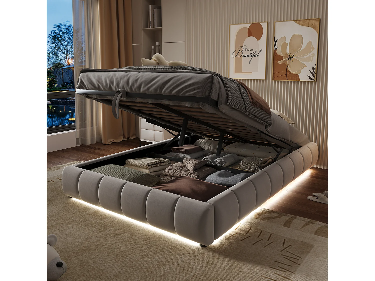 Cama con almacenaje de 140 x 200 cm en franela con iluminación LED - Cabecero no incluido - Beige