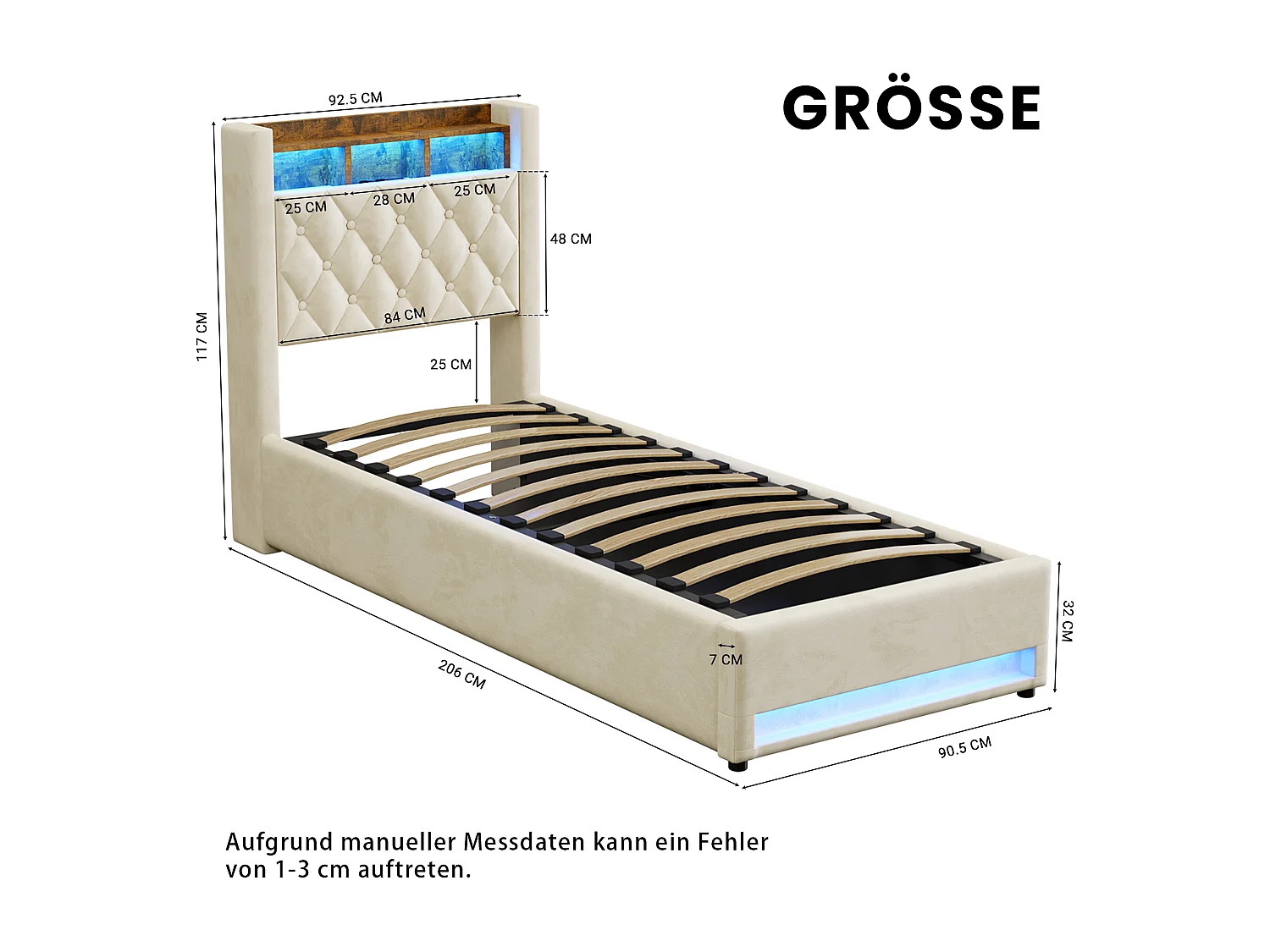 Lit coffre 90x190cm en velours hollandais - Lit simple avec prise et LED - Beige